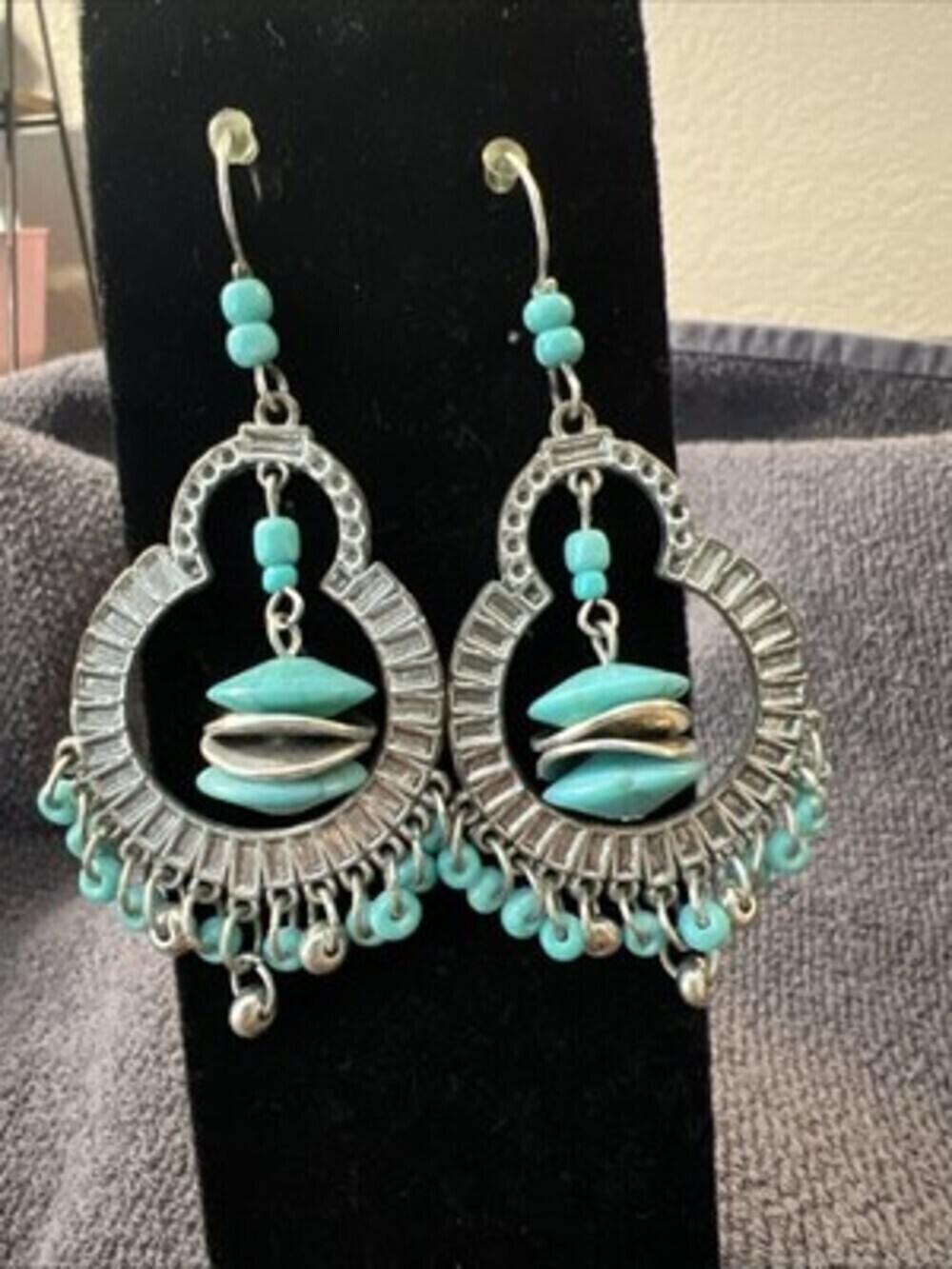 Behemian Style Silver Toned Hoop And Dangle Turquoise And Beads Earrings